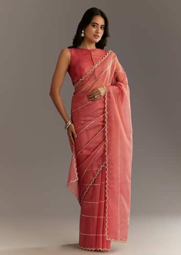 Rush Peach Crushed Tissue Saree With Scallop Embroidered Border