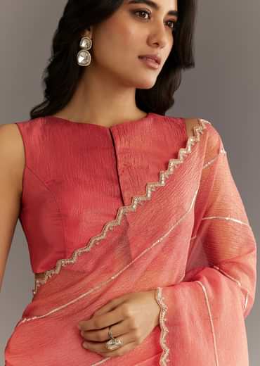 Rush Peach Crushed Tissue Saree With Scallop Embroidered Border