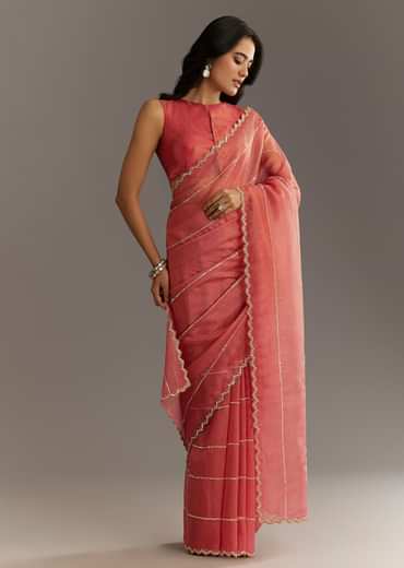 Rush Peach Crushed Tissue Saree With Scallop Embroidered Border