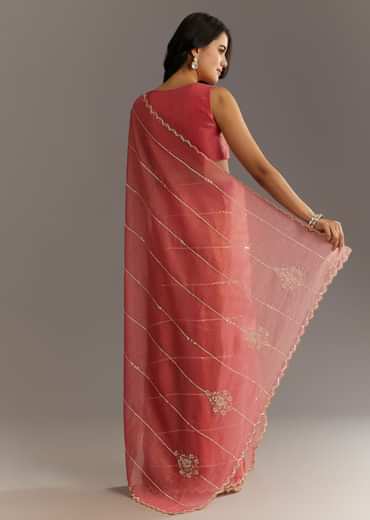 Rush Peach Crushed Tissue Saree With Scallop Embroidered Border