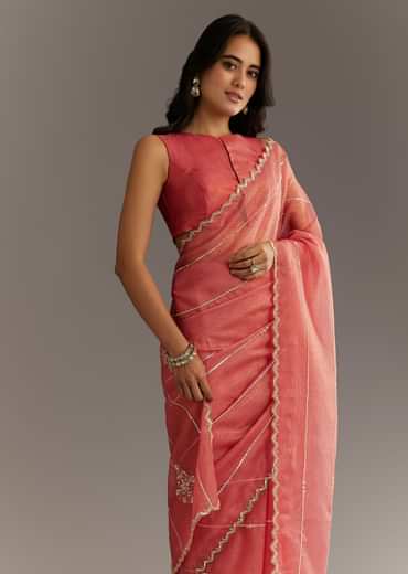 Rush Peach Crushed Tissue Saree With Scallop Embroidered Border