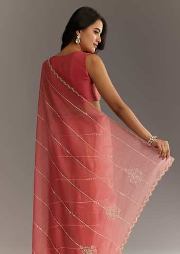 Rush Peach Crushed Tissue Saree With Scallop Embroidered Border