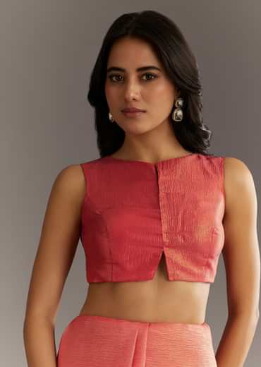Rush Peach Crushed Tissue Saree With Scallop Embroidered Border