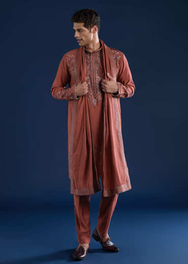 Rust Art Silk Embroidered Mens Kurta Set with Dupatta