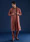 Rust Art Silk Embroidered Mens Kurta Set with Dupatta