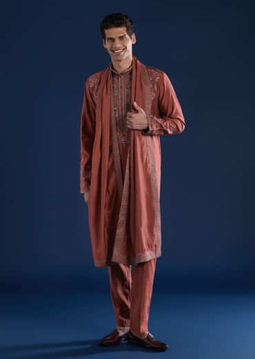 Rust Art Silk Embroidered Mens Kurta Set with Dupatta