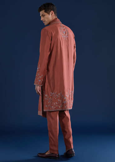 Rust Art Silk Embroidered Mens Kurta Set with Dupatta