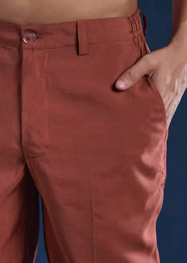 Rust Art Silk Embroidered Mens Kurta Set with Dupatta