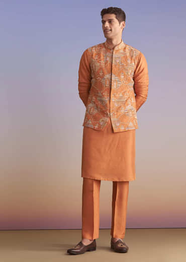 Rust Banarasi Silk Kurta Jacket Set For Men With Embroidery