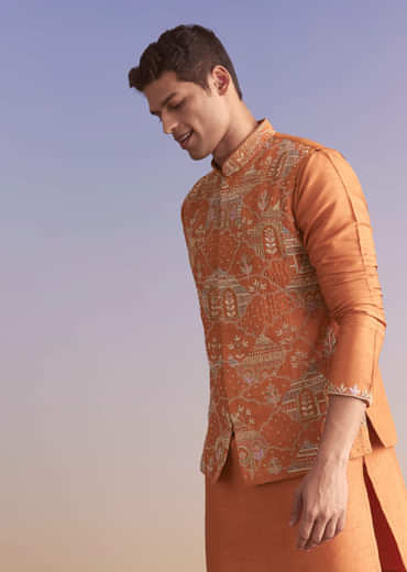 Rust Banarasi Silk Kurta Jacket Set For Men With Embroidery