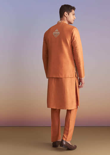 Rust Banarasi Silk Kurta Jacket Set For Men With Embroidery