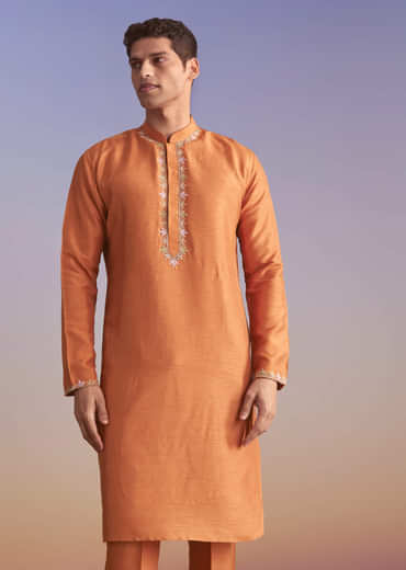 Rust Banarasi Silk Kurta Jacket Set For Men With Embroidery