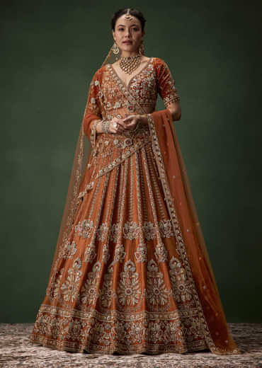 Rust Bridal Raw Silk Embellished Lehenga Set with Two Dupattas