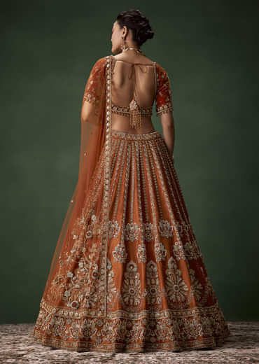 Rust Bridal Raw Silk Embellished Lehenga Set with Two Dupattas