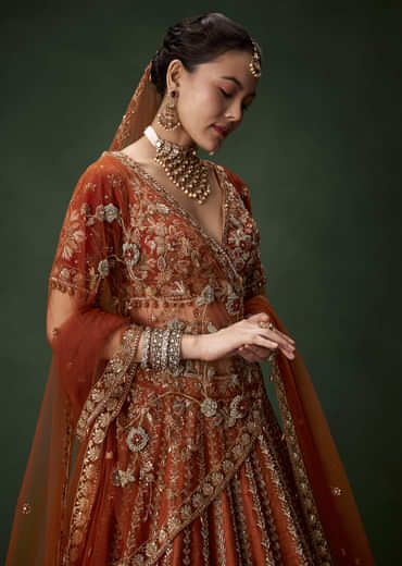 Rust Bridal Raw Silk Embellished Lehenga Set with Two Dupattas