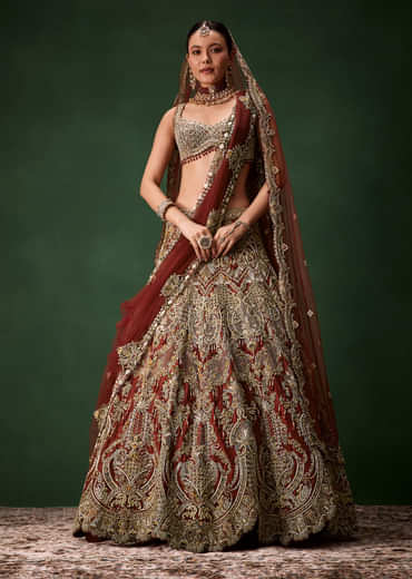 Rust Bridal Silk Embellished Lehenga Set with  Two Dupattas