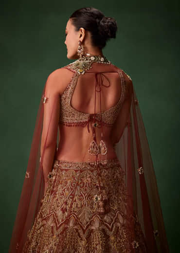 Rust Bridal Silk Embellished Lehenga Set with  Two Dupattas