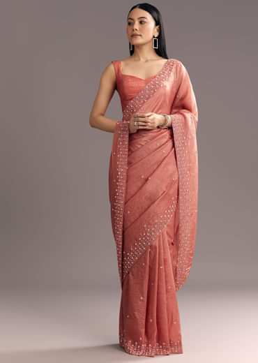 Rust Brown Crushed Tissue Cutdana And Sequin Embroidered Saree