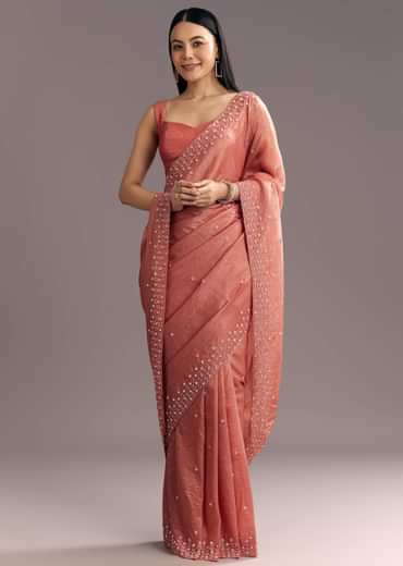 Rust Brown Crushed Tissue Cutdana And Sequin Embroidered Saree