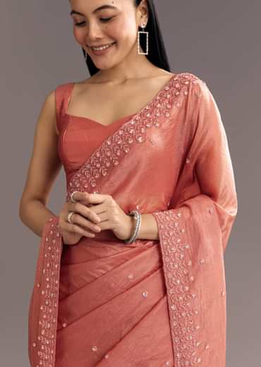 Rust Brown Crushed Tissue Cutdana And Sequin Embroidered Saree