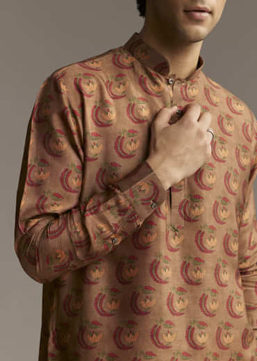 Rust Brown Designer Kurta For Men With Traditional Crescent Motif Print