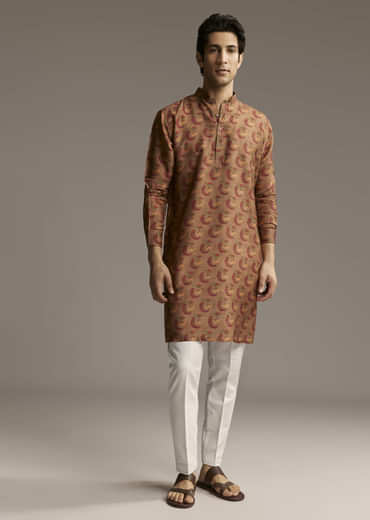 Rust Brown Designer Kurta For Men With Traditional Crescent Motif Print