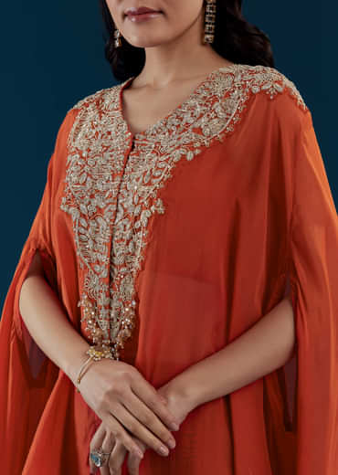 Rust Cape and Dhoti Set with Zardozi Work