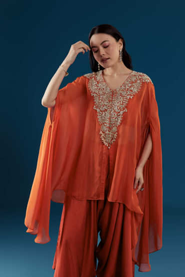 Rust Cape and Dhoti Set with Zardozi Work