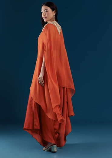 Rust Cape and Dhoti Set with Zardozi Work