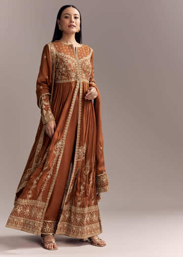 Rust Chinon Anarkali Suit With Heavy Embroidery