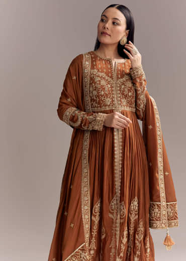 Rust Chinon Anarkali Suit With Heavy Embroidery