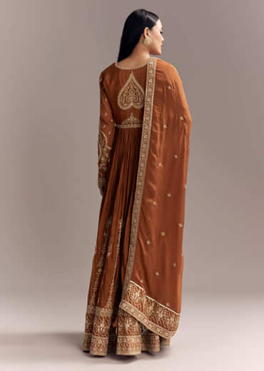Rust Chinon Anarkali Suit With Heavy Embroidery