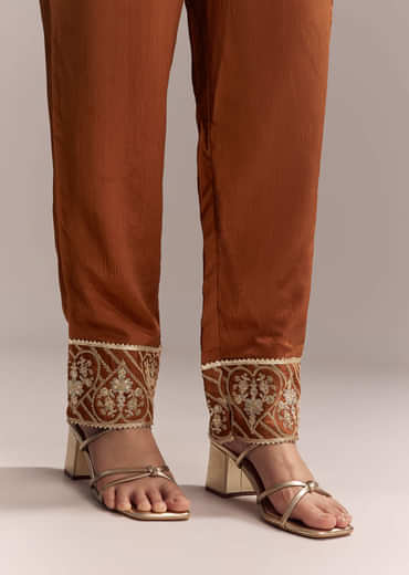 Rust Chinon Anarkali Suit With Heavy Embroidery