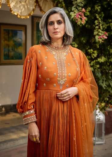 Rust Crepe Anarkali Suit With Pleated Sleeves And Net Dupatta