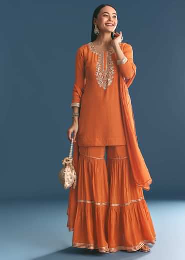 Rust Crepe Kurta Sharara Suit With Zardosi And Sequins Dupatta