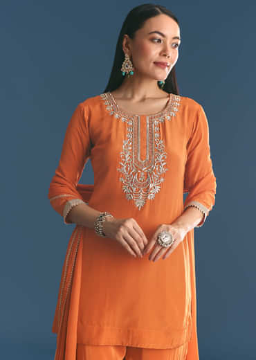 Rust Crepe Kurta Sharara Suit With Zardosi And Sequins Dupatta