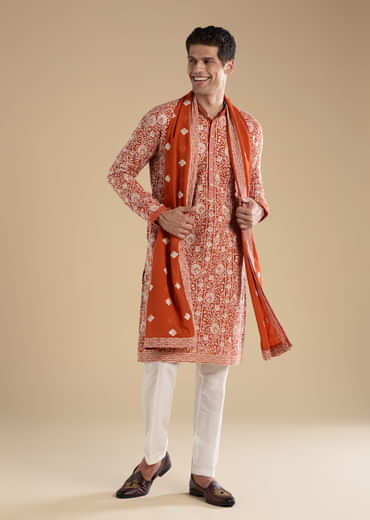 Rust Embroidered Silk Kurta Set with Dupatta