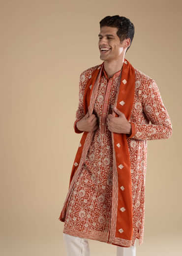 Rust Embroidered Silk Kurta Set with Dupatta