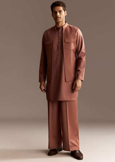 Rust Kurta Jacket Set With Palazzo Pants