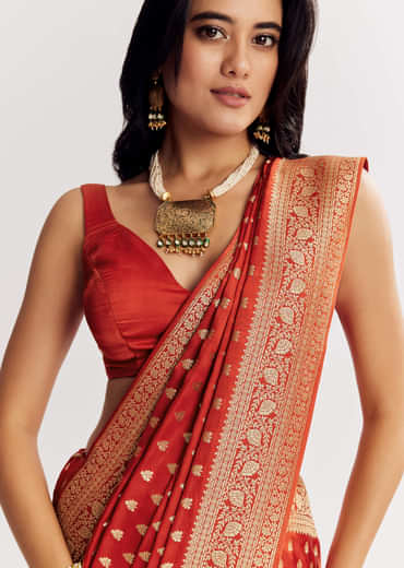 Rust Orange Dola Silk Saree With Butti And Woven Border