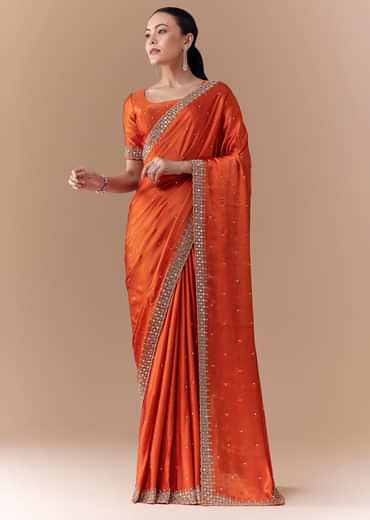 Rust Orange Embroidered Border Saree with Blouse Fabric