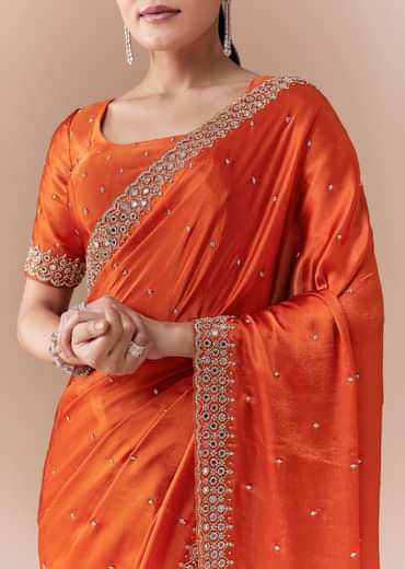 Rust Orange Embroidered Border Saree with Blouse Fabric
