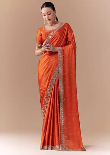 Rust Orange Embroidered Border Saree with Blouse Fabric