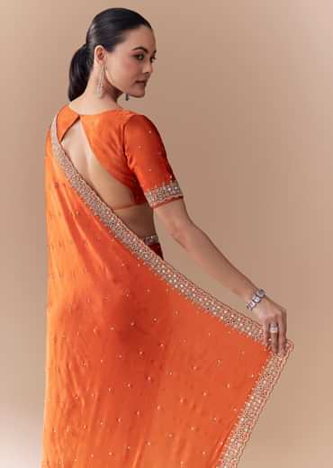 Rust Orange Embroidered Border Saree with Blouse Fabric