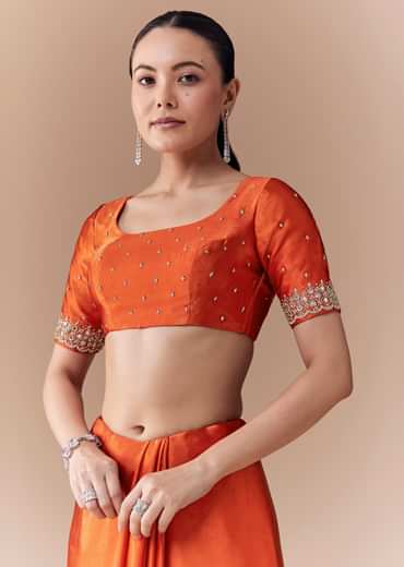 Rust Orange Embroidered Border Saree with Blouse Fabric