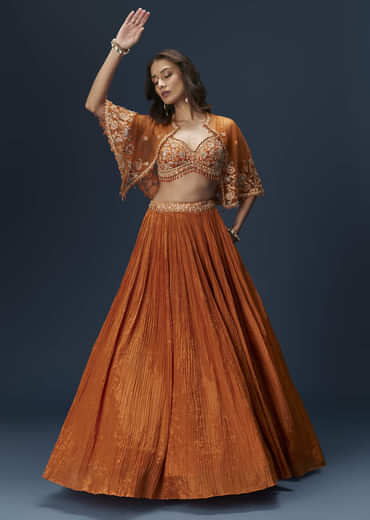 Rust Orange Embroidered Lehenga With Dramatic Cape And Blouse