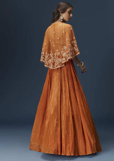 Rust Orange Embroidered Lehenga With Dramatic Cape And Blouse