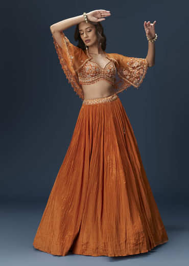 Rust Orange Embroidered Lehenga With Dramatic Cape And Blouse