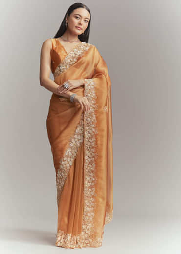 Rust Orange Georgette Embroidered Saree With Heavy Hand Embroidery