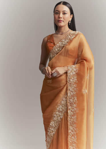 Rust Orange Georgette Embroidered Saree With Heavy Hand Embroidery